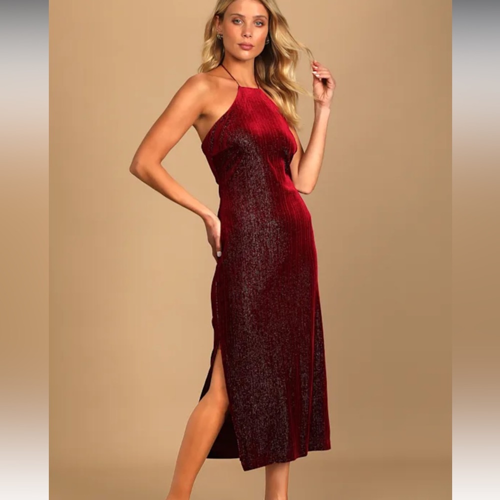 NWOT Lulus Enticing Entrance Sparkly Burgundy Velvet Halter Midi Dress